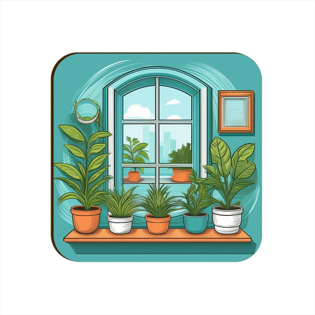Aqua Window Plants Pots Square Coaster Style #1