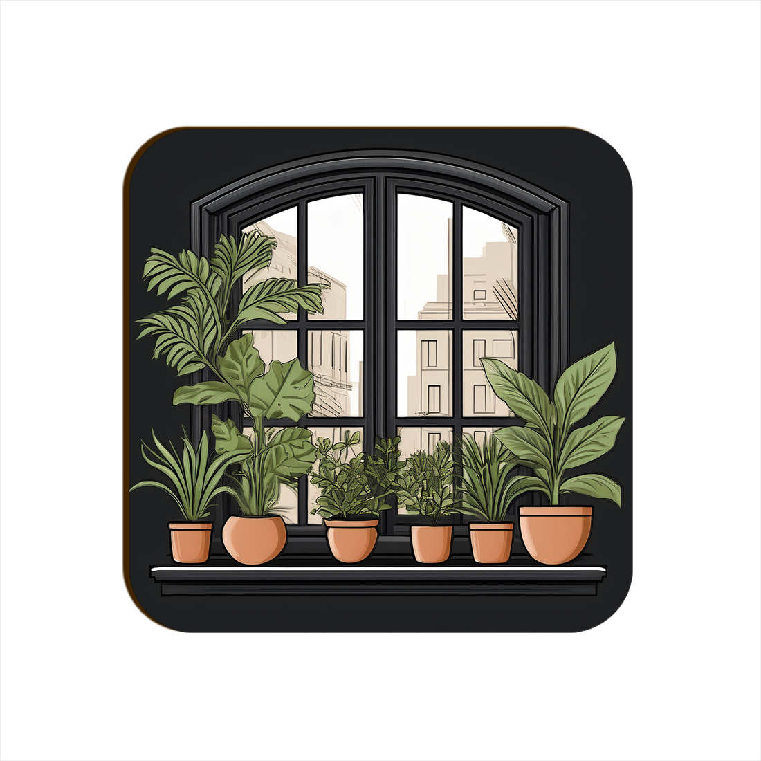 Black Window Plants Pots Square Coaster Style #2