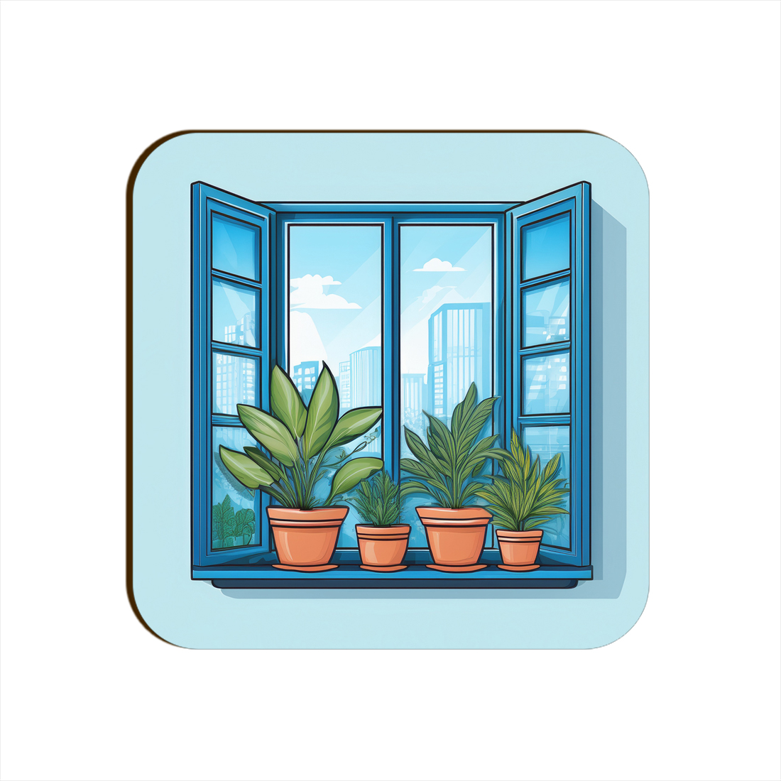 Blue Window Plants Pots Square Coaster Style #3