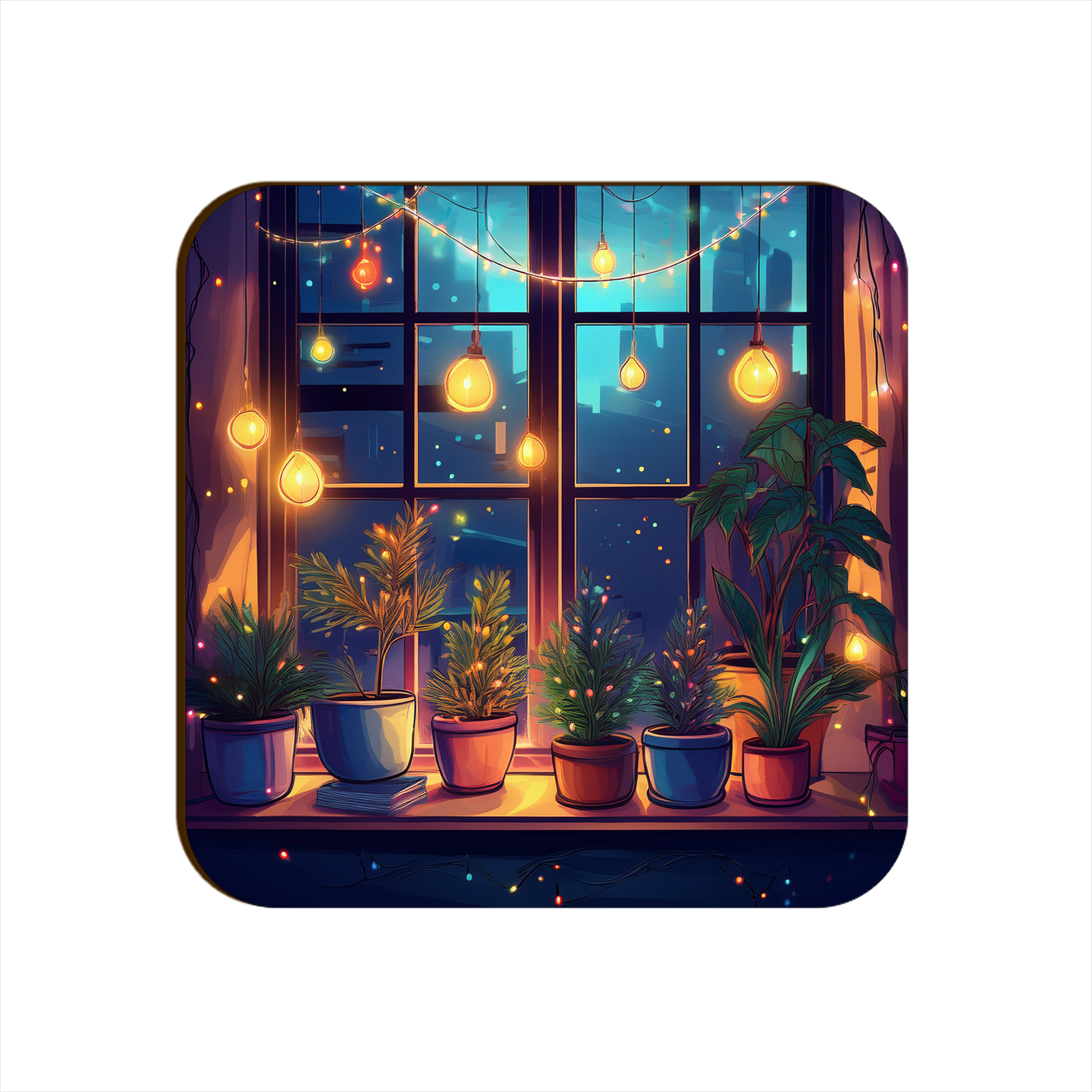 Window Light Strings Plants Pots Square Coaster Style #8