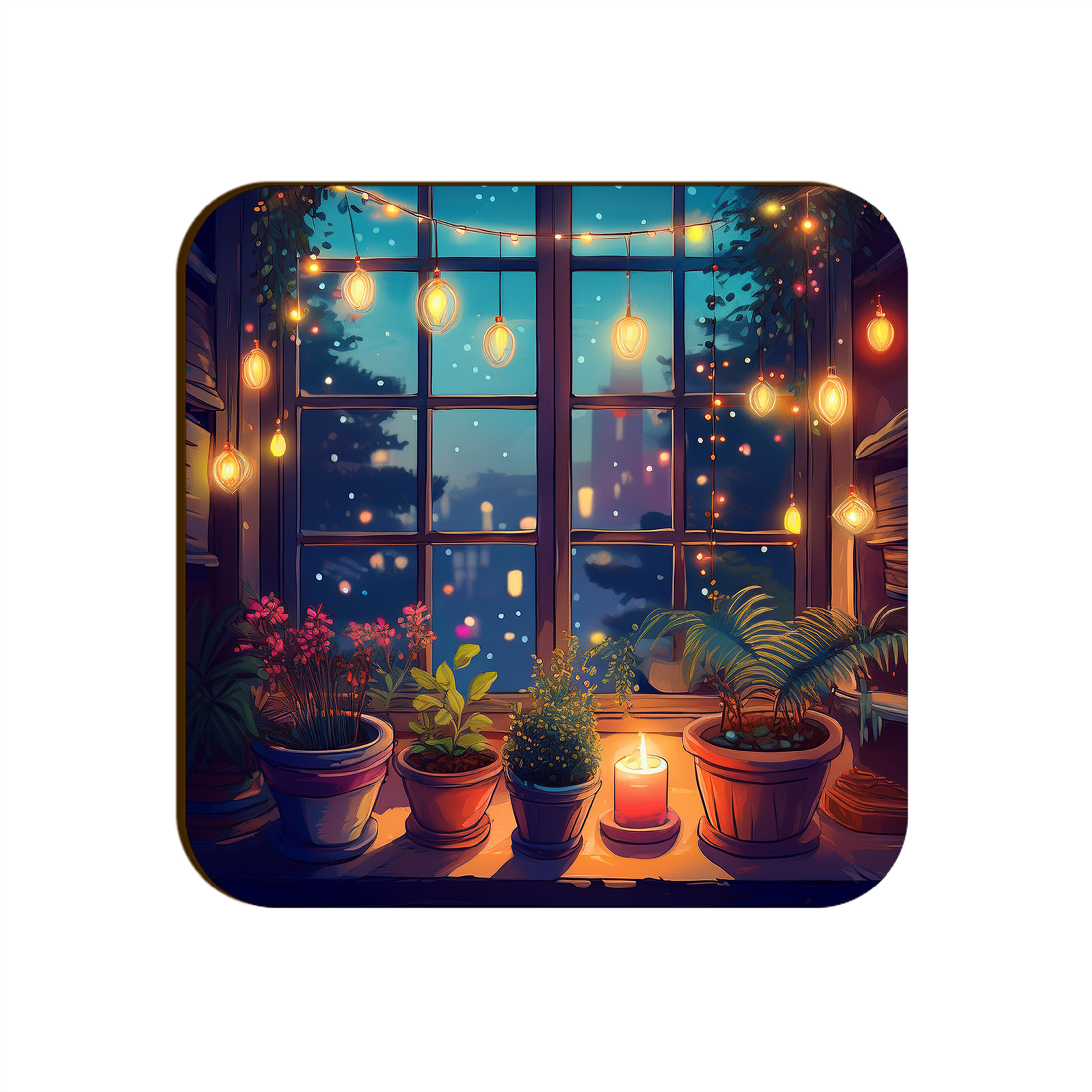 Window Light Strings Plants Pots Square Coaster Style #9