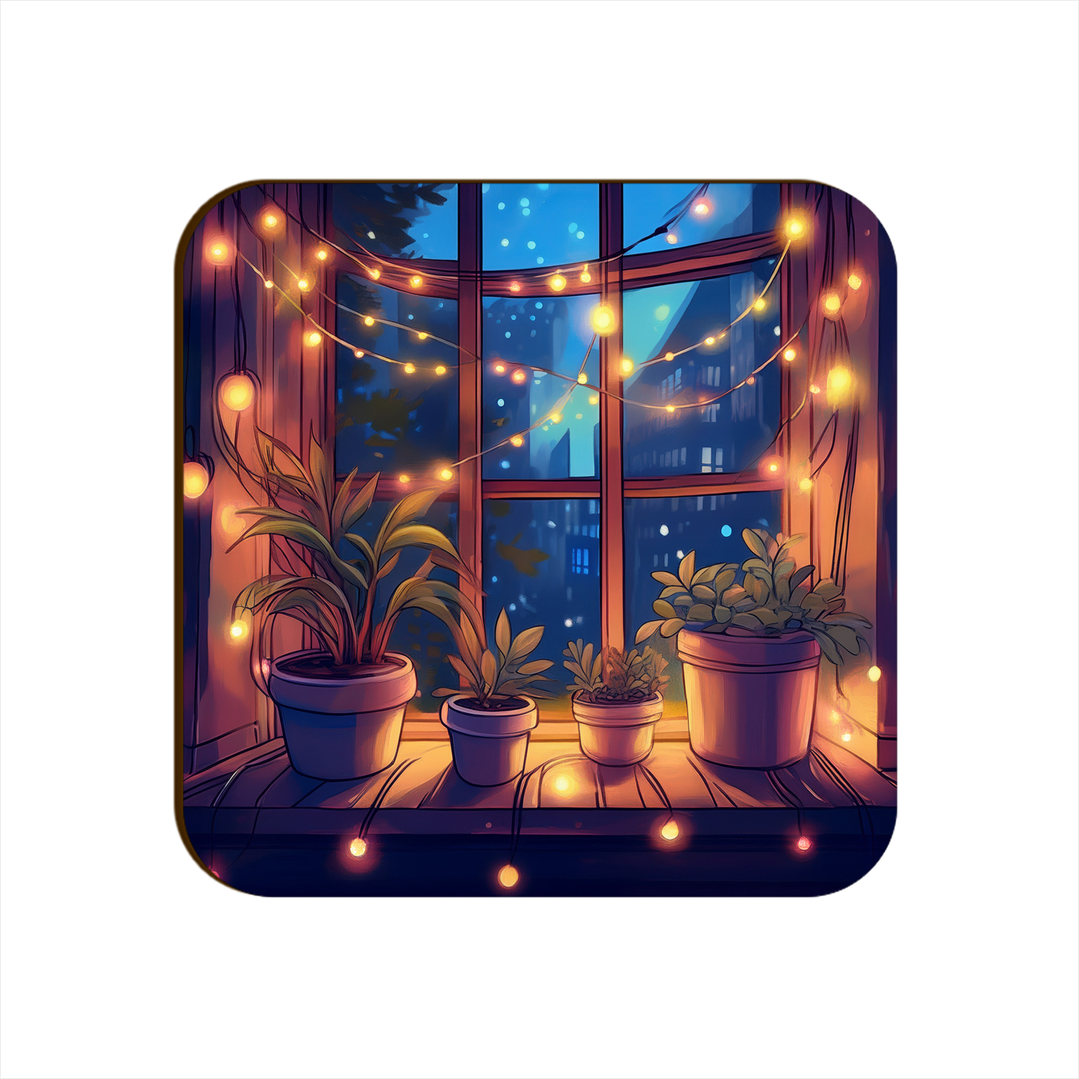 Window Light Strings Plants Pots Square Coaster Style #10