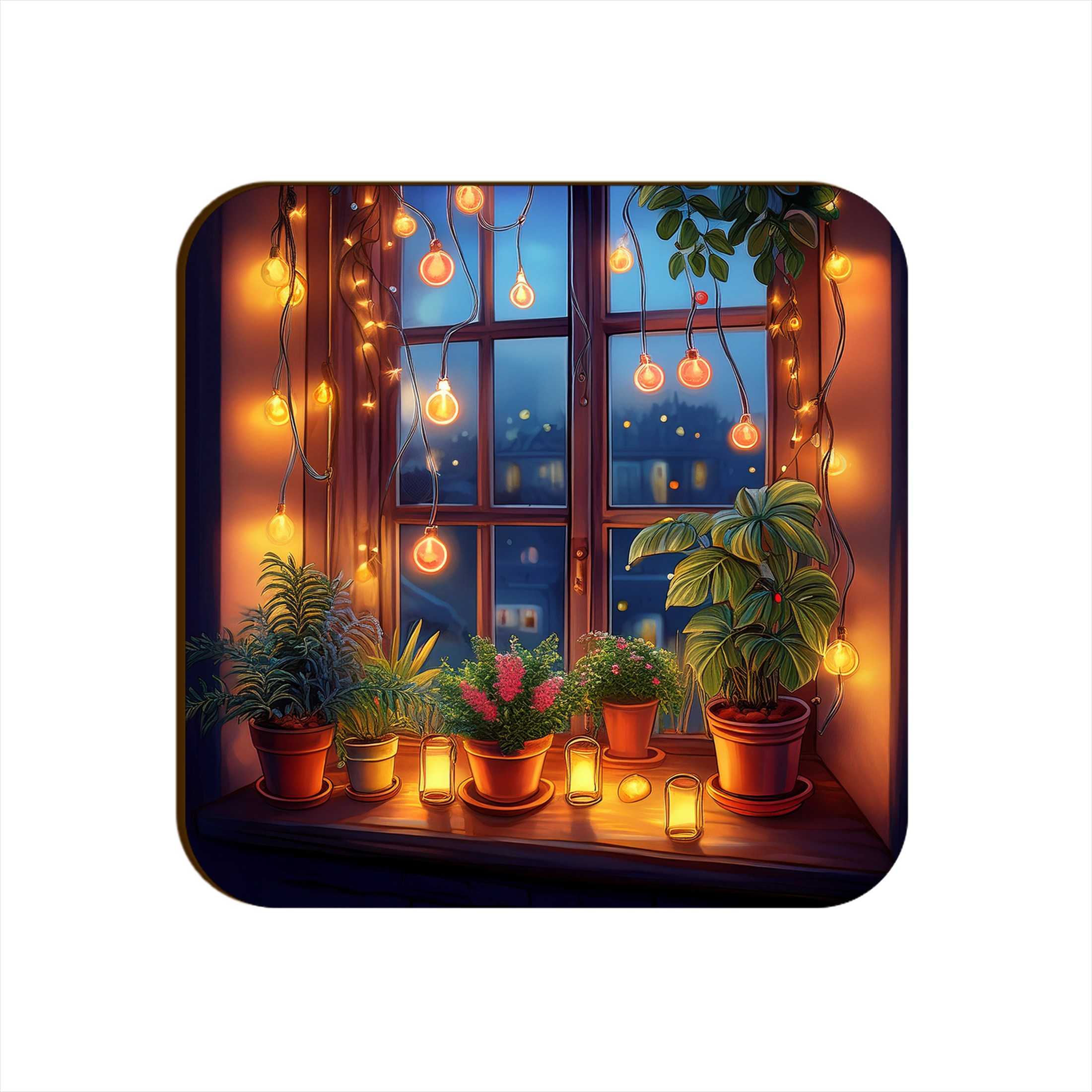 Window Light Strings Plants Pots Square Coaster Style #11