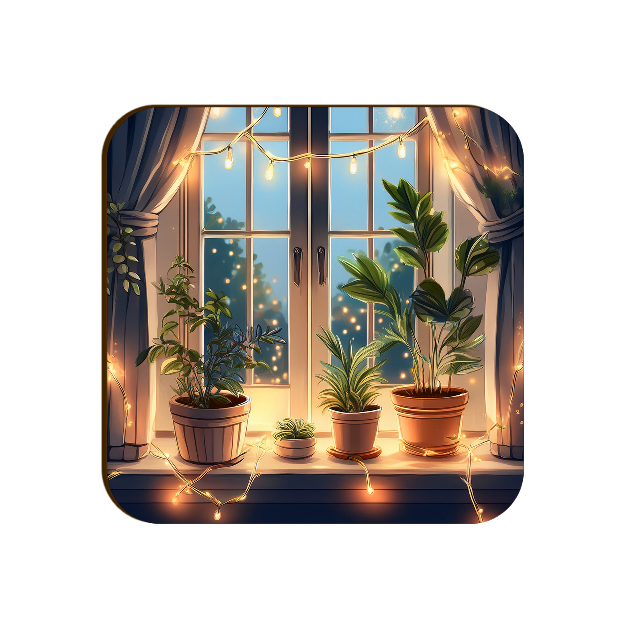 Window Light Strings Plants Pots Square Coaster Style #12