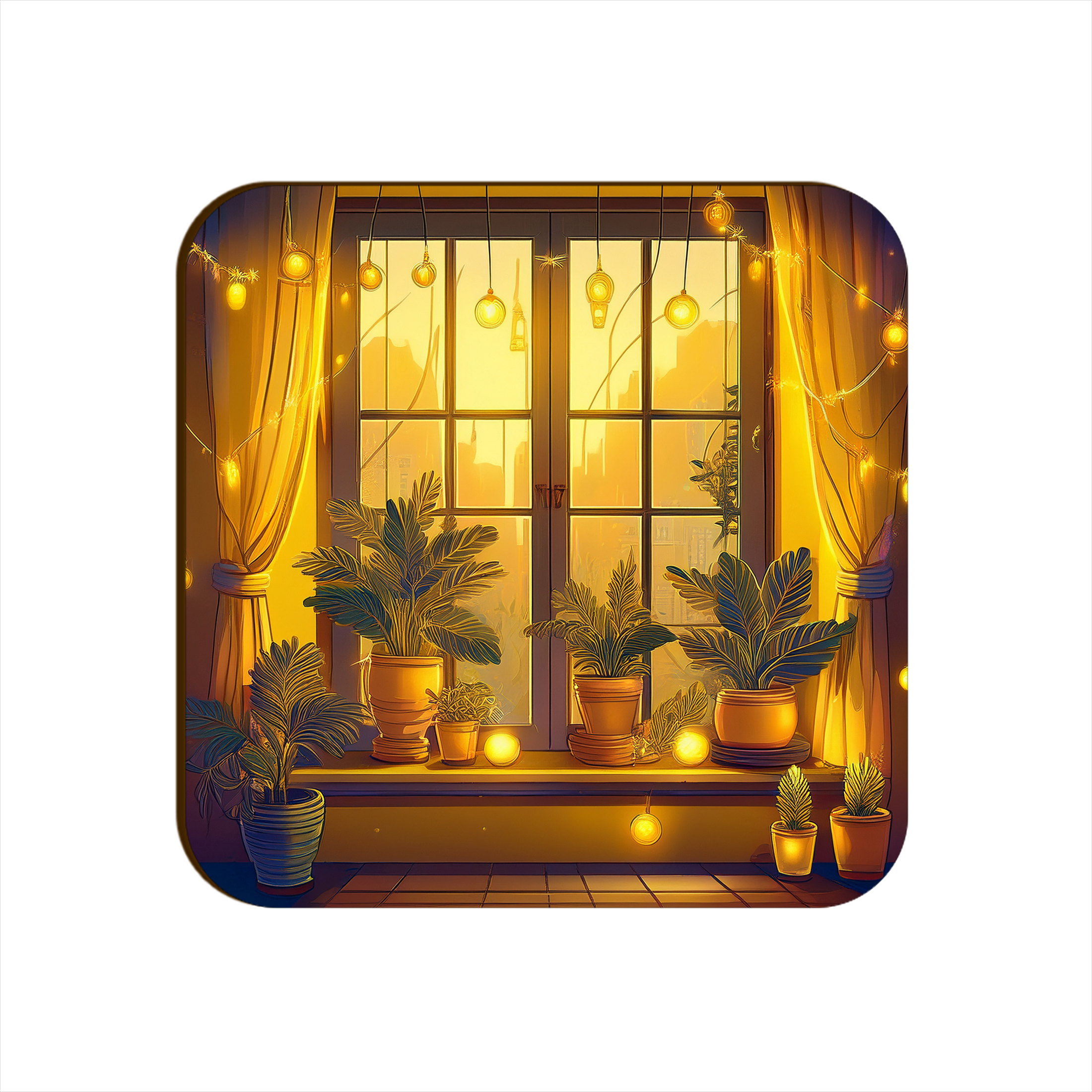 Window Light Strings Plants Pots Square Coaster Style #13