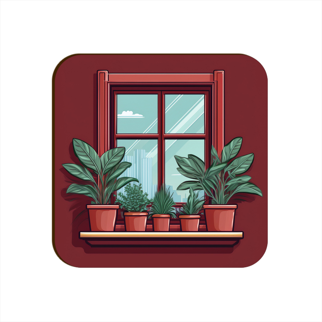 Maroon Window Plants Pots Square Coaster Style #14