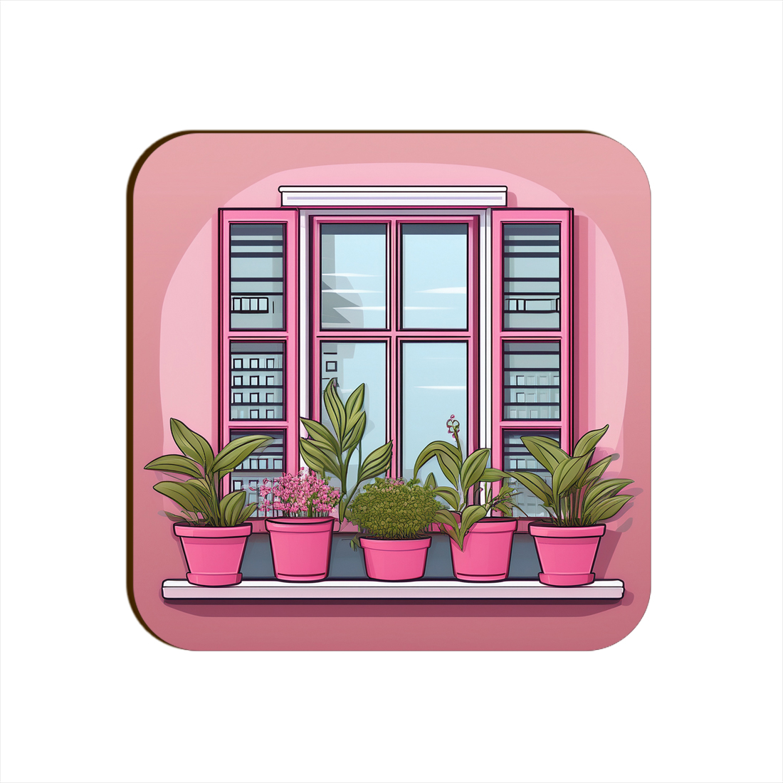 Pink Window Plants Pots Square Coaster Style #17
