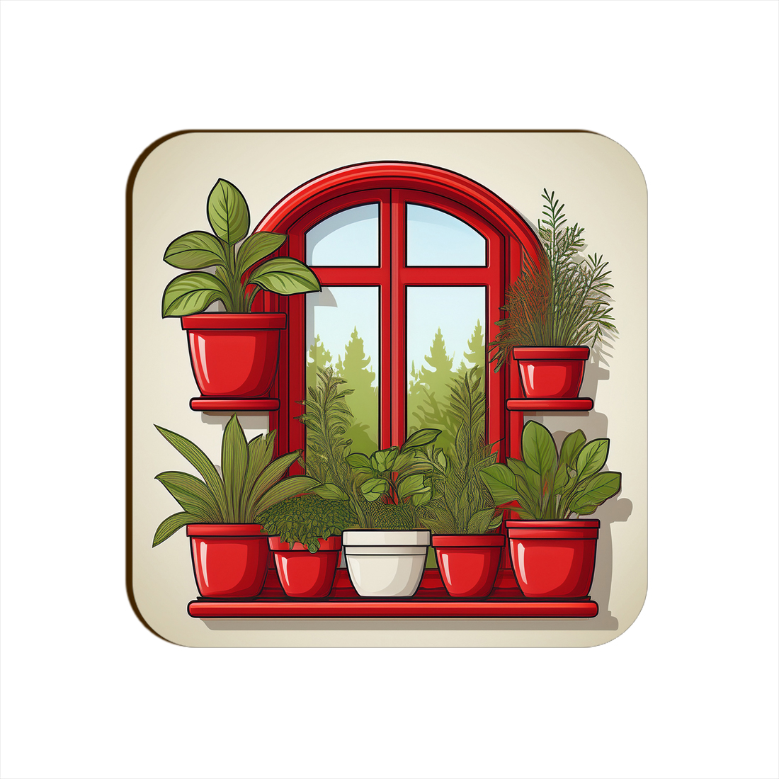 Red Window Plants Pots Square Coaster Style #18