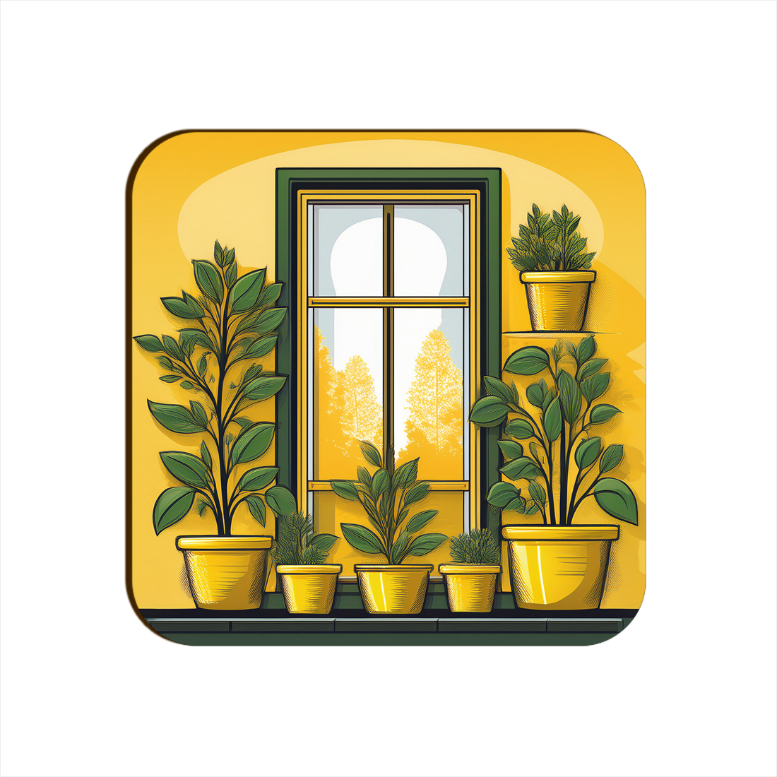 Yellow Window Plants Pots Square Coaster Style #21