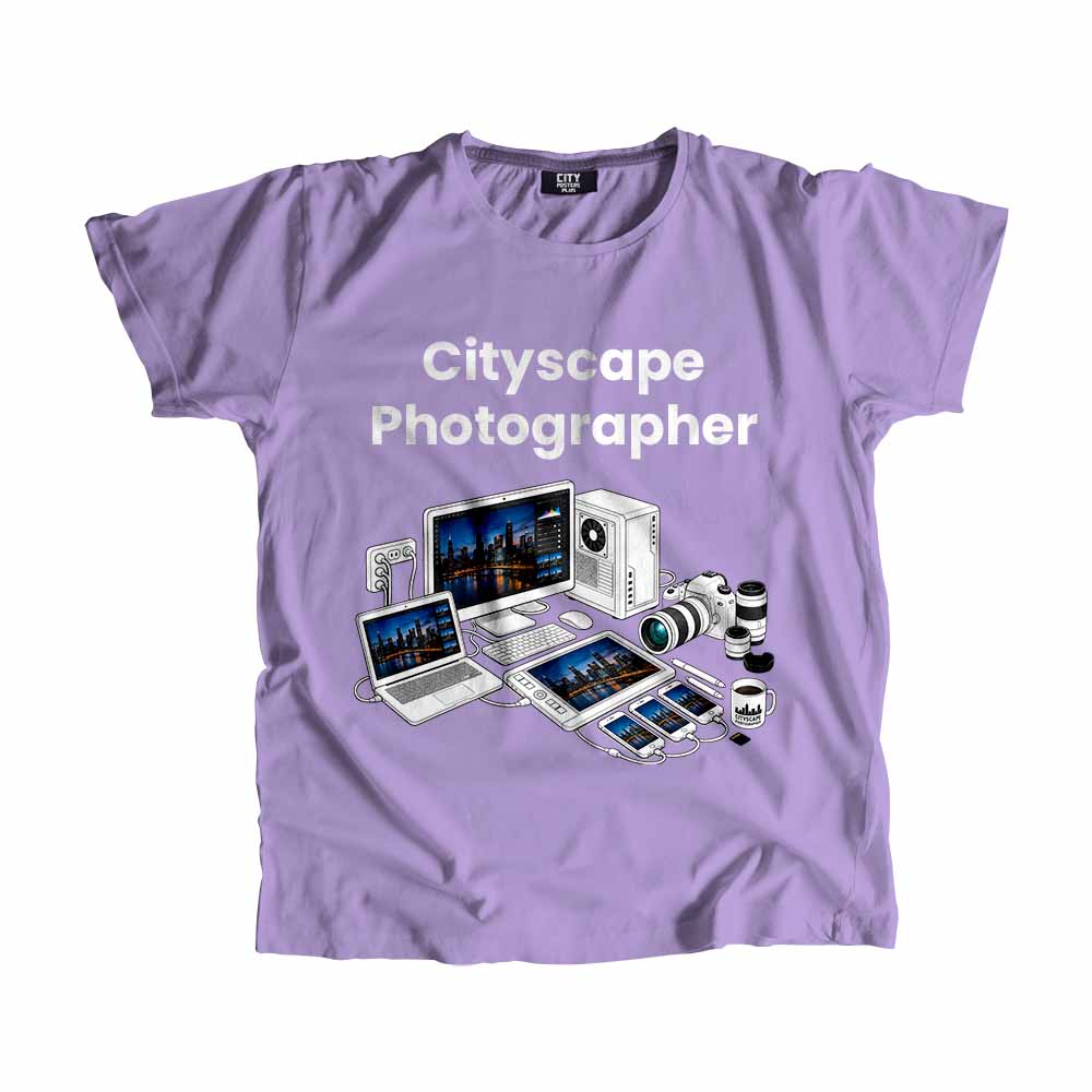 Cityscape Photographer Men Unisex T-Shirt (Iris Lavender) Tech Innovation Unisex T-Shirt