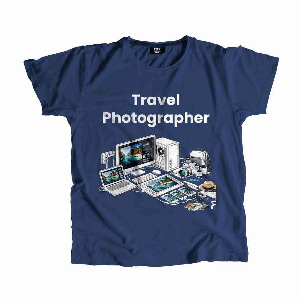 Travel Photographer Men Unisex T-Shirt (Navy Blue) Tech Innovation Unisex T-Shirt
